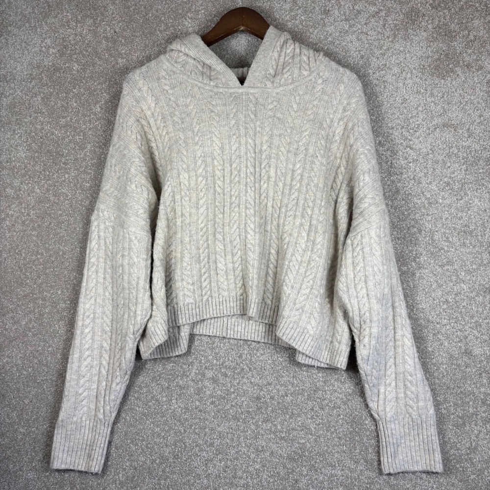 Express Womens Oatmeal Cable Knit Cropped Hoodie Sweater Large Beige